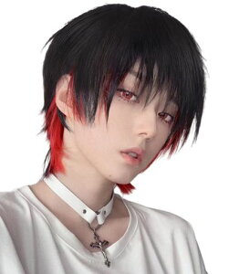 ORSUNCERウィッグショート男性黒赤ウルフレッドフルウィッグ自然ハンサムハロウィンcosplay簡単着用耐熱人気ファッション高?感