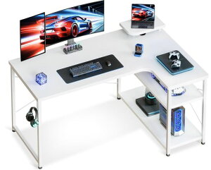 ODKゲーミングデスクL字パソコンデスク幅110デスクdesk机pcデスク棚付きオフィスワーク在宅勤務?子作業机組立簡単ホワイト右棚