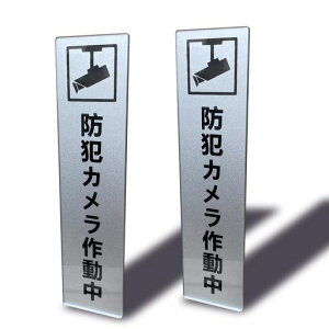 Seagron防犯カメラ作動中タテ型サインプレート両面テープ付きシルバー色2mmアクリル製おしゃれ14x3.5cm(2枚入り)