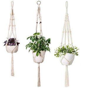 Gadgetman3種セット手作麻縄植木鉢プラントハンガー吊り鉢観葉植物ハンガーマクラメ屋外屋内植物ハンガー木ビーズ装飾