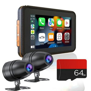 バイクCarplayAndroidauto防水前後カメラDVRレコーダー1080P+1080PGPSナビ音楽と通話コントロール情報放送と音声コントロールBluetoothインターホン(アンドロイド携帯用)