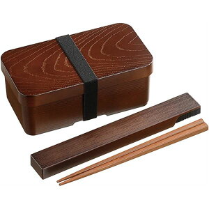 カクセー 曲げわっぱ風 弁当箱 箸と箸ケースのセット(袋入) 茶 TW-14 長角型 日本製のお弁当箱と箸のセット 食洗機対応で使いやすい 曲げわっぱ風の長方形のお弁当箱と箸ケースがセット