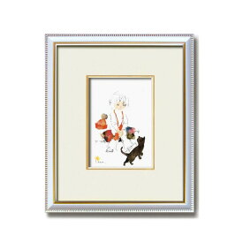 ちひろ額装 壁掛け額 白いフレーム いわさきちひろ 絵画額 黒い猫と少女 額 額縁 フレーム 柔らかな透明感と独自のカラーリングが魅力の、ちひろの世界を彩るフレームアート『白い額縁に包まれた黒猫と少女』
