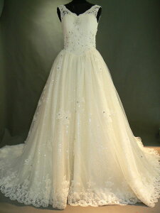 【全国送料無料】ノースリーブ ロング Aライン レース トレーン オーガンジー ウェディング ドレス ビーズ 飾り