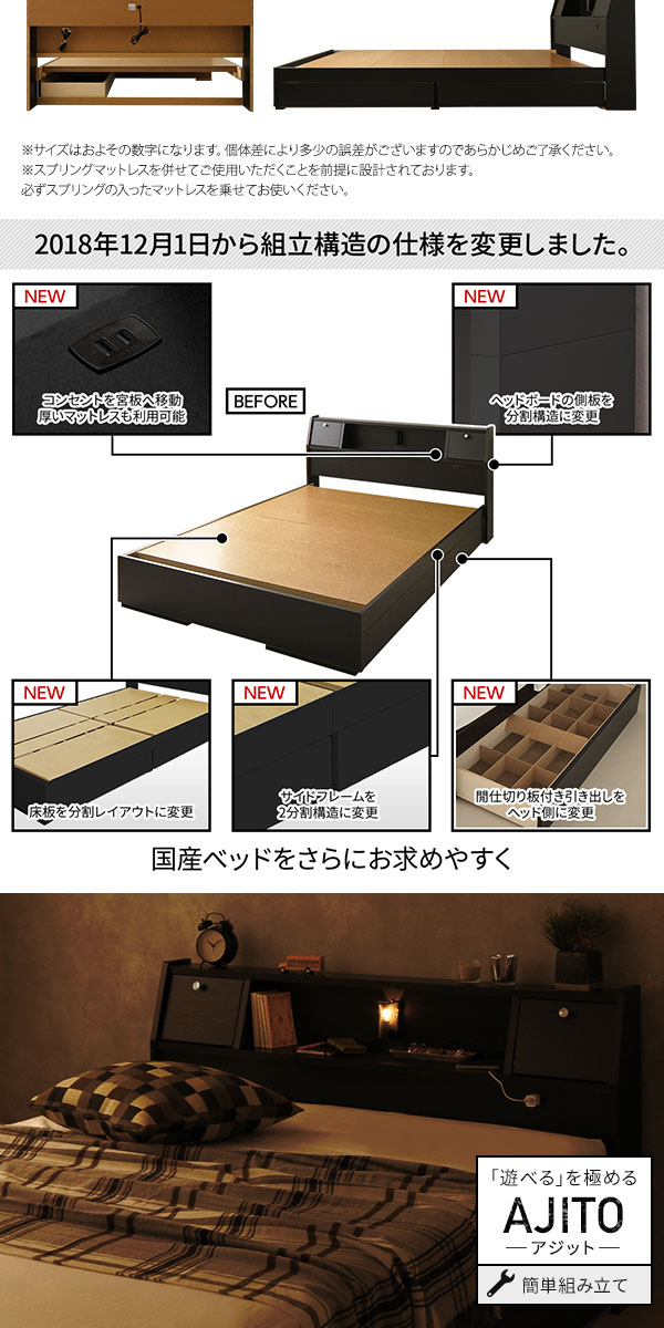 楽天市場】ベッド 日本製 収納付き 引き出し付き 木製 照明付き 棚付き