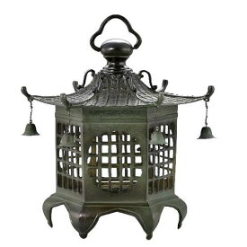 高岡銅器　銅製庭置物　クサリ付　六角格子灯篭 59-14