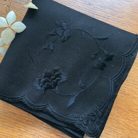コットンセラ　エンブロイダリー【ドロップ】ブラックハンカチ フォーマル ギフト 刺繍 セレモニー 冠婚葬祭 レディース