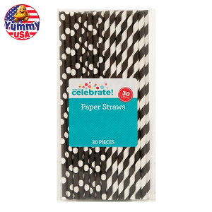 yő500~OFFN[|Lz̐ʖ͗lƃXgCṽy[p[Xg[ 30{ ubN Way to Celebrate! Black Polka Dot & Striped Paper Straws, 30ct y񂹏iz