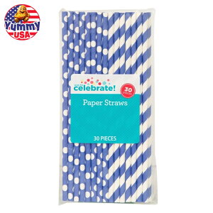 yő500~OFFN[|Lzu[̐ʖ͗lƃXgCṽy[p[Xg[ 30{ F Way to Celebrate! Blue Polka Dot & Striped Paper Straws, 30ct y񂹏iz