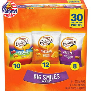 yő500~OFFN[|LzS[htBbV NbJ[ 30 oGeB[pbN `F_[`[Y vbcF Goldfish Crackers Big Smiles Variety Pack with Cheddar, Colors, and Pretzels, Snack Packs, 30 Ct 