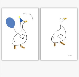 「アヒル」 ポスター ポストカード ミニポスター はがき 手描き イラスト 線画 アヒル 北欧 韓国 くすみカラー 淡色 おしゃれ かわいい シンプル 一人暮らし 風水