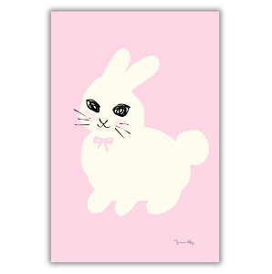 「ピンクリボンのうさぎ」 ポスター ポストカード ミニポスター はがき 手描き イラスト 北欧 韓国 くすみカラー 淡色 おしゃれ かわいい シンプル 一人暮らし 風水