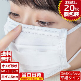 ダブルワイヤー再入荷 マスク 個包装 お試し20枚セット オメガ形状 平ゴム仕様 マスク 白 国内発送 ホワイト平紐 平ひも オメガ プリーツ 三層構造 防塵抗菌 使い捨て 男女兼用 レギュラーサイズ 3層保護 不織布マスク 花粉症対策 立体 大人用 送料無料