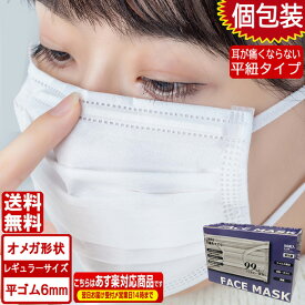 再入荷 オメガデザイン 平ゴムマスク 個包装 即納 耳が痛くならない マスク 白 50枚 国内発送 ホワイト平紐 平ひも オメガ プリーツ 三層構造 防塵抗菌 使い捨て 男女兼用 レギュラーサイズ 3層保護 不織布マスク 花粉症対策 立体 大人用 送料無料 あす楽