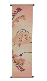 麻タペストリー：春衣装（扇面に梅）受注製作/ 和モダン タペストリー / おしゃれ インテリア タペストリー 和風 モダン 壁飾り　約36×130cm