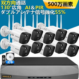 【500万画素 130°広角カメラ 双方向通話】防犯カメラ 屋外 家庭用 Wi-Fi 防犯カメラセット 10台 ワイヤレス 防犯カメラ PIR＆AI二重検知 屋外 工事不要 防水 監視カメラ 音声録画 録画再生 モーション検知 暗視効果 スマホ PC 遠隔操作 4TB HDD内蔵