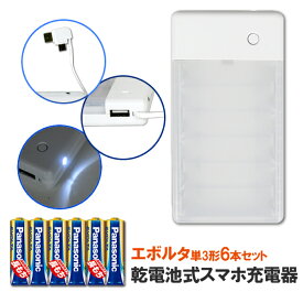 【メール便送料無料】電池式スマホ充電器 Type-c+microUSB充電ケーブル/USBポート内蔵　+パナソニック エボルタアルカリ電池セット［ 乾電池 タイプC マイクロUSB 充電機 USB スマートフォン アンドロイド iPhone スマホ 充電 電池式充電器］