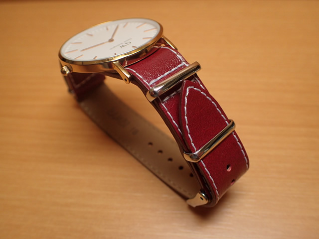 18mm NATO タイプ 引き通し 時計バンド 腕時計用 時計ベルト 時計用バンド 牛革 レザー 紅色(ワイン)【写真の時計はイメージです。ついておりません】