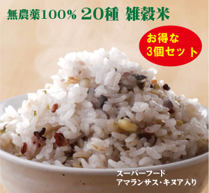 無農薬雑穀米・20穀380gお得な3個セット★送料無料(コンパクト)★無農薬100%★無化学肥料・遺伝子組み換えなし★無漂白・無着色・保存料使用なし