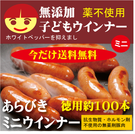 お子様ミニウインナー100本【冷凍】■無添加あらびきミニウインナー徳用1kg（約100本前後入っています）★国産（北海道標津産）★抗生物質・ホルモン剤不使用★興農ファーム★薬不使用豚肉★無添加ウインナー