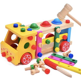 木製 車 おもちゃ 組み立ておもちゃ 大工さん 工具おもちゃ セット 55点 ネジ ドライバー ごっこ遊び おままごと DIY車 カラフル 男の子 女の子 おもちゃ