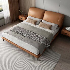 イタリアンスタイルベッド　ダブルベッド　無垢材　モダン　シンプル　高級本革ベッド