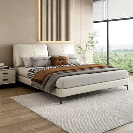 手の届く贅沢　モダン　シンプル　本革　寝室　トップレイヤーレザー　ダブル　1.5メートル　新婚用　ベッド
