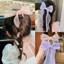 アンジュ リボン リボンバレッタ オーガンジー リボン 大きめ リボンヘアピン ダブルリボン チュール 編み込み ヘアクリップ ビーズ パール付き キッズ 子供 ジュニア ヘアアクセ ヘアアレンジ アレンジ 大きなリボン かわいい yuyumo 三つ編み ヘアアクセサリー