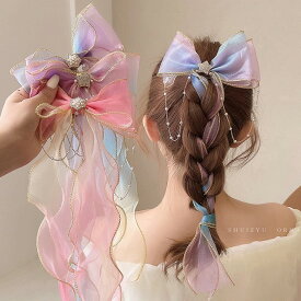 アンジュ リボン リボンバレッタ オーガンジー リボン 大きめ リボンヘアピン ダブルリボン チュール ヘアクリップ 編み込み ユニコーン色 パール付き キッズ 子供 ジュニア ヘアアクセ ヘアアレンジ アレンジ 大きなリボン かわいい yuyumo 三つ編み ヘアアクセサリー