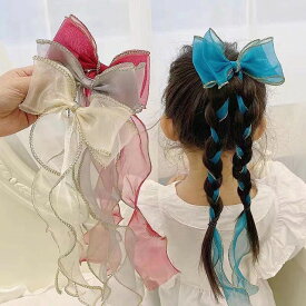 リボンバレッタ アンジュ リボン オーガンジー リボン 大きめ リボンヘアピン ダブルリボン チュール ヘアクリップ 編み込み ロングテール パール付き キッズ 子供 ジュニア ヘアアクセ ヘアアレンジ アレンジ 大きなリボン かわいい yuyumo 三つ編み ヘアアクセサリー