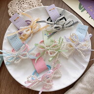 パール リボン ヘアゴム リボンゴム キッズチェック柄 髪に優しい 絡まりにくい 保育園 髪が多い子向け …
