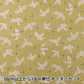 【数量5から】 生地 『綿麻シーチング ホワイトアニマル 鳥柄 カーキ YWA-11010-1B』 KOKKA コッカ