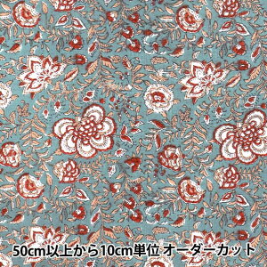 【数量5から】 生地 『インドボイルプリント 更紗 グレー×レッド RAM-BOI-25N』