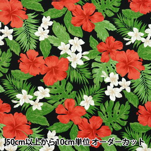 【数量5から】 生地 『TCハワイアンプリント ハイビスカス 黒×赤 R9008-2A』