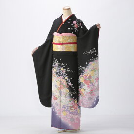 【中古】ほぼ新品【購入品】振袖 フルセット Sサイズ 成人式 着物 振袖フルセット 黒系 リユース 状態:S 販売 良品 正絹 振り袖 卒業式