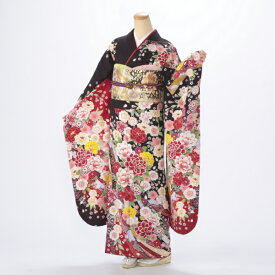 【中古】【購入品】振袖 フルセット Mサイズ 花柄 成人式 着物 振袖フルセット 茶系 リユース 状態:A 販売 正絹 振り袖 アウトレット 卒業式 76625