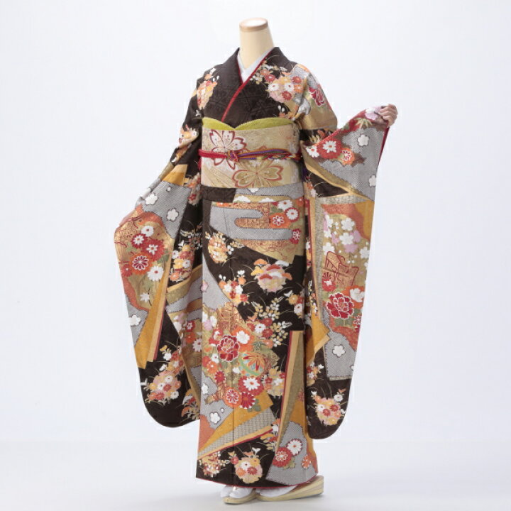 振袖 中古 成人式 フルセット Lサイズ 花柄 茶系 着物 購入 正絹 振袖 