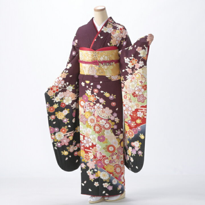 振袖 中古 成人式 フルセット Mサイズ 古典 茶系 着物 購入 正絹 振袖 