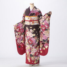 【中古】【購入品】振袖 フルセット Mサイズ 花柄 茶系 成人式 リユース 状態:S 販売 結婚式 卒業式 結納 着物