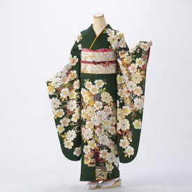 【中古】【購入品】振袖 フルセット Mサイズ グリーン系 古典柄 成人式 リユース 状態:S 販売 振袖フルセット アウトレット 正絹 結婚式 卒業式 結納 90866
