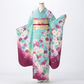 【中古】【購入品】振袖 フルセット Mサイズ 花柄 グリーン系 成人式 リユース 状態:A 販売 結婚式 卒業式 結納 着物 65105