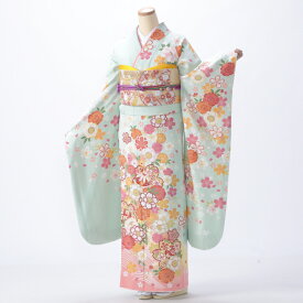 【中古】【購入品】振袖 フルセット Mサイズ 花柄 成人式 着物 振袖フルセット グリーン系 リユース 状態:A 販売 正絹 振り袖 卒業式 96986