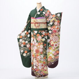 【中古】【購入品】振袖 フルセット Lサイズ 古典柄 成人式 着物 振袖フルセット グリーン系 リユース 状態:S 販売 正絹 振り袖 卒業式 90064