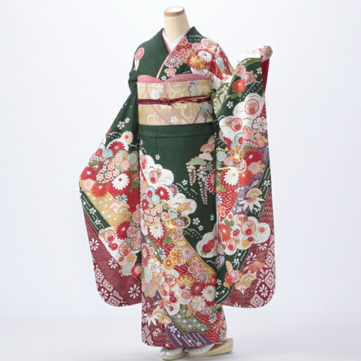 振袖 中古 成人式 フルセット Lサイズ 古典 グリーン系 着物 購入 正絹 