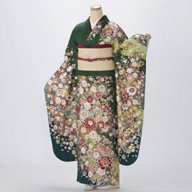 【レンタル】【成人式期間外】振袖 フルセット Lサイズ 古典柄 グリーン系 状態:S 振袖フルセット 成人式 結婚式 卒業式 結納 リユース レンタル着物 (5泊6日：1月21日 - 12月19日) 90999