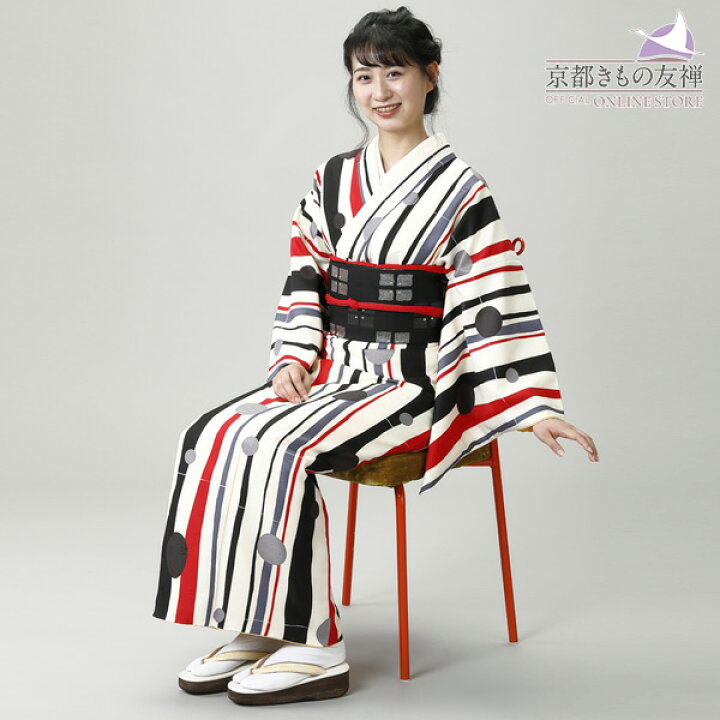 楽天市場】小紋 洗える着物 京都きもの友禅セレクト ストライプ 白 黒  
