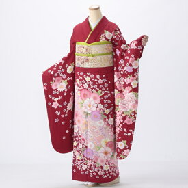 【中古】【購入品】振袖 フルセット Mサイズ 花柄 赤・ワイン系 成人式 リユース 状態:A 販売 良品 美品 結婚式 卒業式 結納 16467