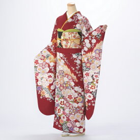 【中古】【購入品】振袖 フルセット Lサイズ 古典柄 成人式 着物 振袖フルセット 赤・ワイン系 リユース 状態:A 販売 正絹 振り袖 アウトレット 卒業式 10750