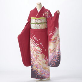 【中古】【購入品】振袖 フルセット Mサイズ 花柄 赤・ワイン系 成人式 着物 振袖フルセット 販売 状態:A リユース 結婚式 卒業式 結納 16383