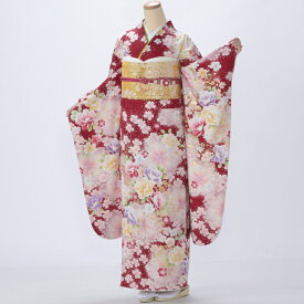 【レンタル】【成人式期間外】振袖 フルセット Mサイズ モダン柄 赤・ワイン系 状態:A 振袖フルセット 成人式 結婚式 卒業式 結納 リユース レンタル着物 (5泊6日：1月21日 - 12月19日) 15051